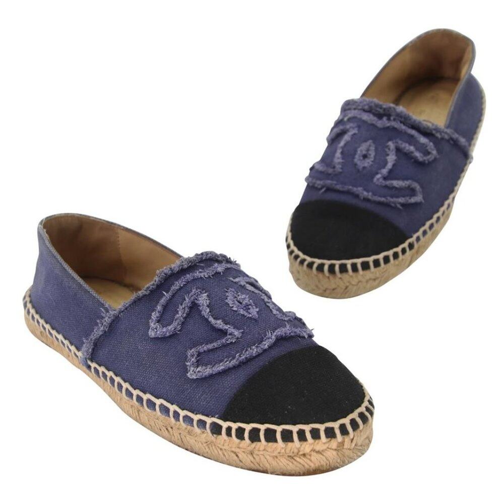 Chanel Espadrille 37 Canvas Linen Raw Edge Cap-toe Flats CC-0717N-0002